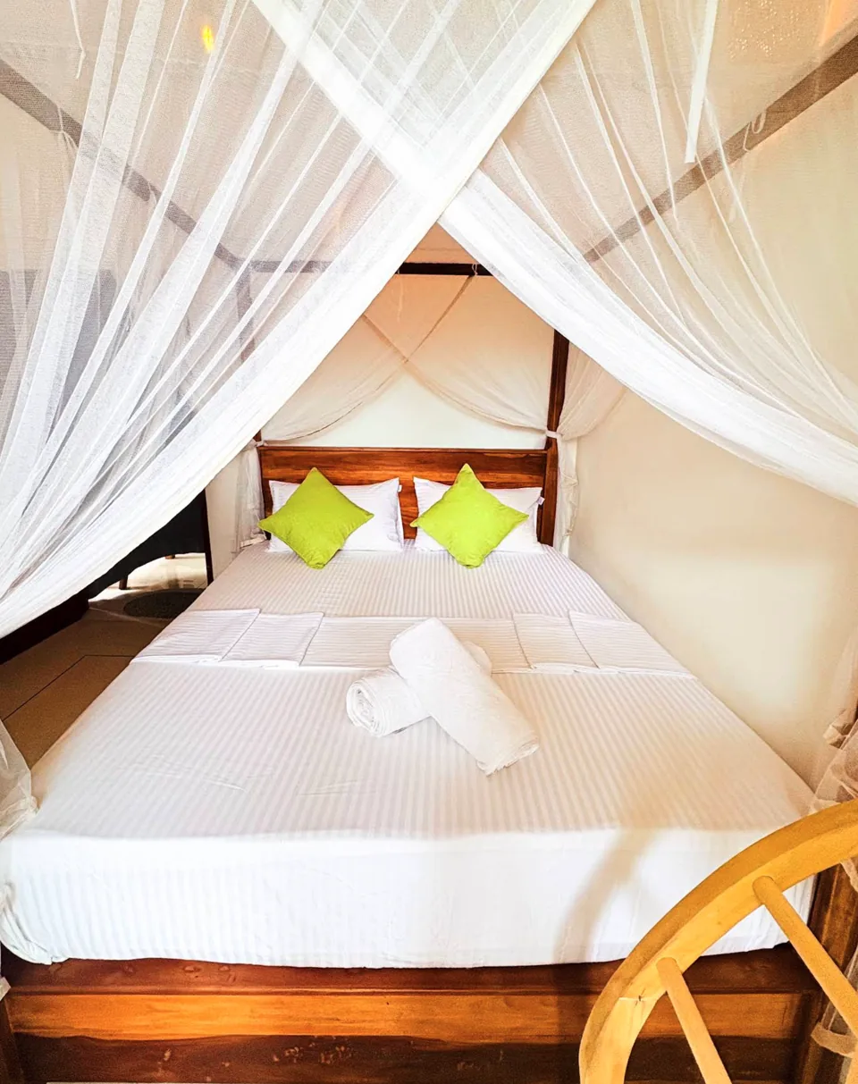 Double-bed room with a white mosquito net at Ashen Surf House